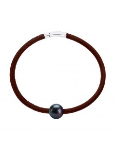 Bracelet Cuir Marron Véritable Perle Fermoir Argent