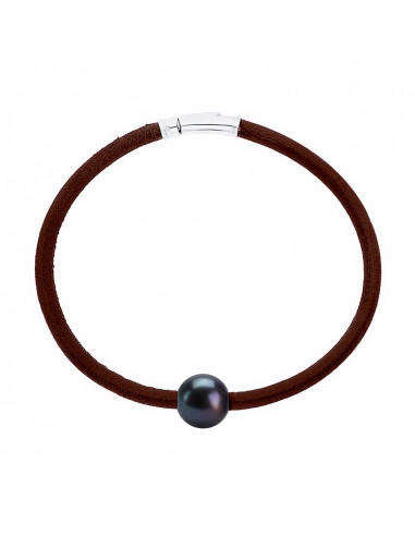 Genuine Brown Leather Bracelet Pearl Clasp Silver