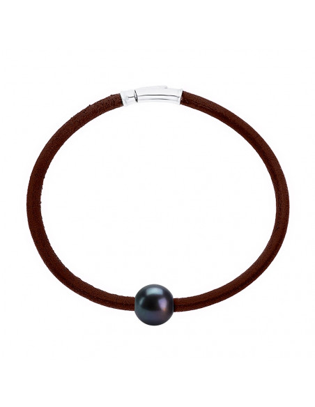 Bracelet Cuir Marron Véritable Perle Fermoir Argent
