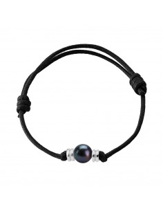 Bracelet Viroles Argent Massif Véritable Perle Noire Cordon à choisir