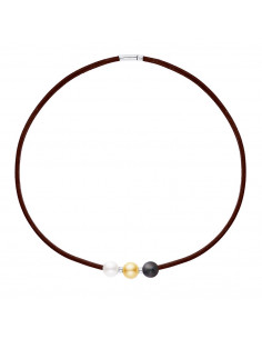 Collar de cuero marrón 3 cuentas verdaderas y cerezas de plata