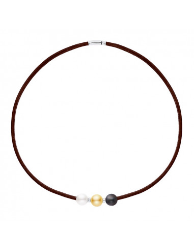 Collar de cuero marrón 3 cuentas verdaderas y cerezas de plata