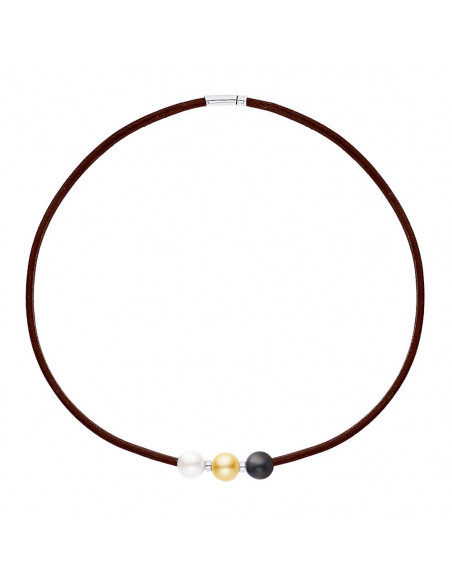 Collana in pelle marrone 3 Tree perline e ciliegie d'argento