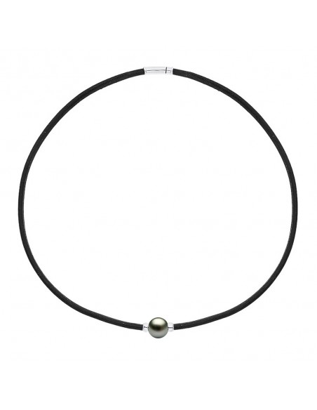 Collier Cuir Véritable Perle de Tahiti Viroles Argent