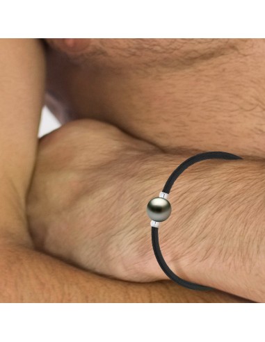 Bracelet Cuir Noir et Perle de Tahiti Viroles et Fermoir Argent