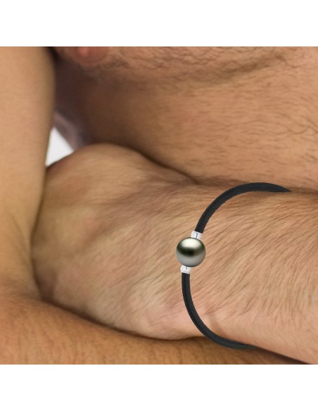 Bracelet Cuir Noir et Perle de Tahiti Viroles et Fermoir Argent