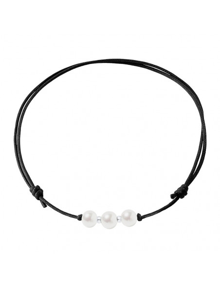 Collier Viroles Argent Massif 3 Véritables Perles Blanches Cordon Noir