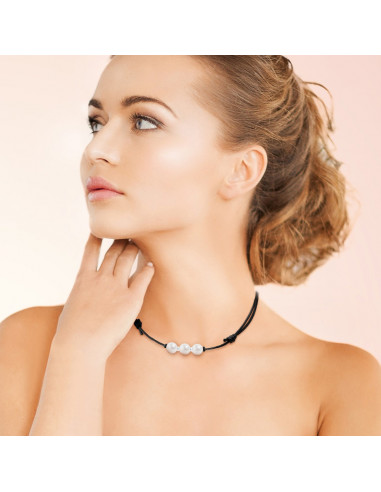 Silver Silver Cherry Necklace 3 Genuine White Pearls Black Cord