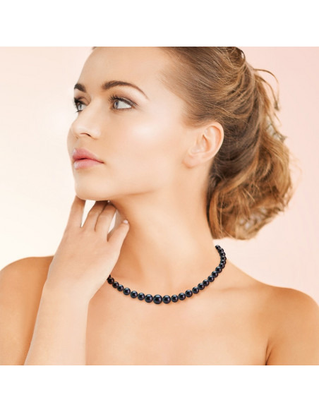 Collier Rang en Chute de Véritables Perles Noires Fermoir Or