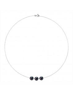 Collier Câble Or Blanc et 3 Véritables Perles Alternées Viroles Or