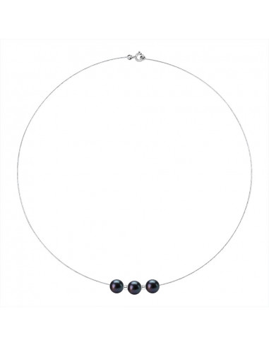 Collar de cables de oro blanco y 3 perlas alternas reales