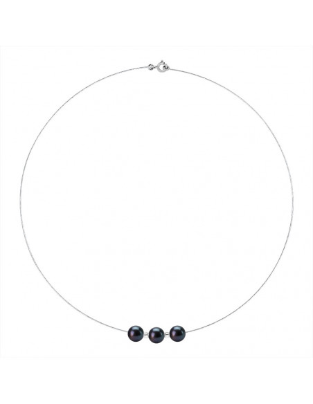 Collar de cables de oro blanco y 3 perlas alternas reales