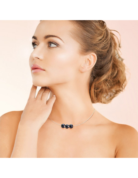 Collar de cables de oro blanco y 3 perlas alternas reales