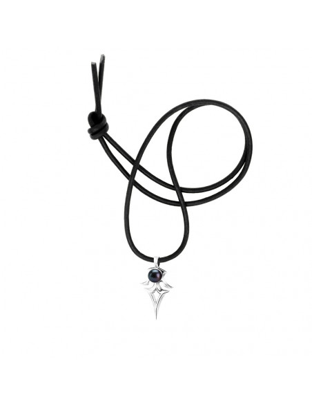 Genuine Black Leather Necklace Black Pendant Tribal Silver