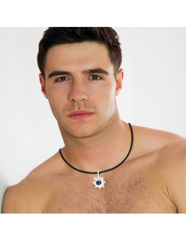 Genuine Black Leather Necklace Black Pendant Tribal Silver