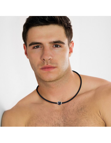 Collier Néoprène Véritable Perle Noire Viroles Argent Fermoir Argent