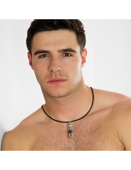 Black Leather Link and Black Culture Bead Necklace - 925 Silver - Narii