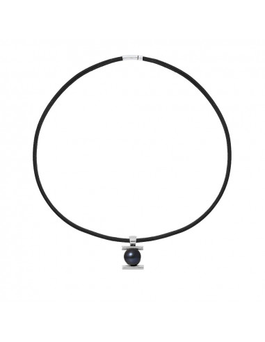 Black Leather Necklace and Black Culture Pearl - Silver 925 - Mauna Kea