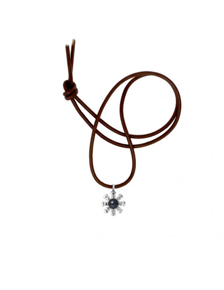 Collier Tribal Lien Cuir Naturel et Perle de Culture Noire - Argent 925 - NAEOLE