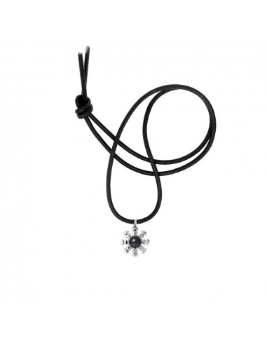 Black Leather Link Tribal Necklace and Black Culture Pearl - 925 Silver - Naeole