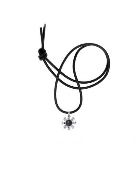 Black Leather Link Tribal Necklace and Black Culture Pearl - 925 Silver - Naeole