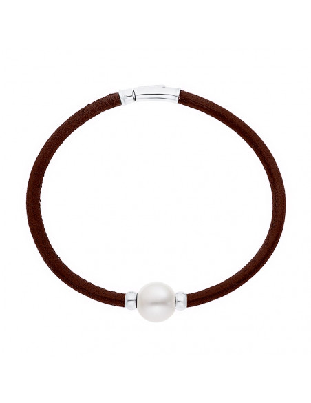 Bracelet Cuir Marron Véritable Perle et Viroles Argent