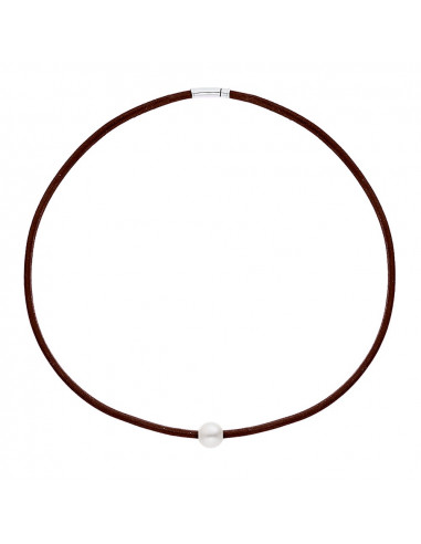 Genuine brown leather necklace pearl and silver clasp