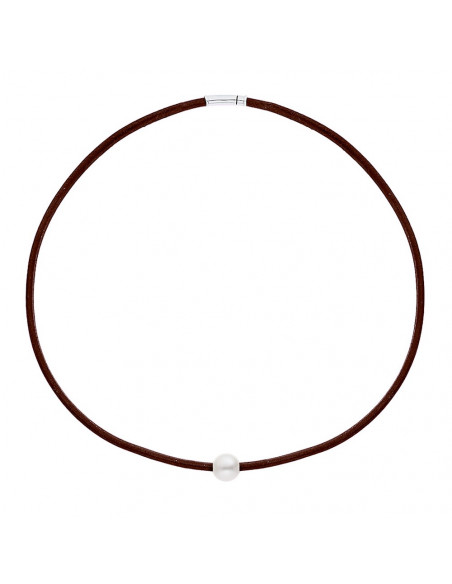 Genuine brown leather necklace pearl and silver clasp