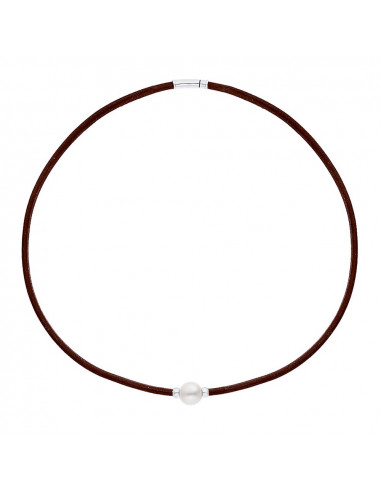 Genuine Brown Leather Necklace Pearl and Silver Cherries