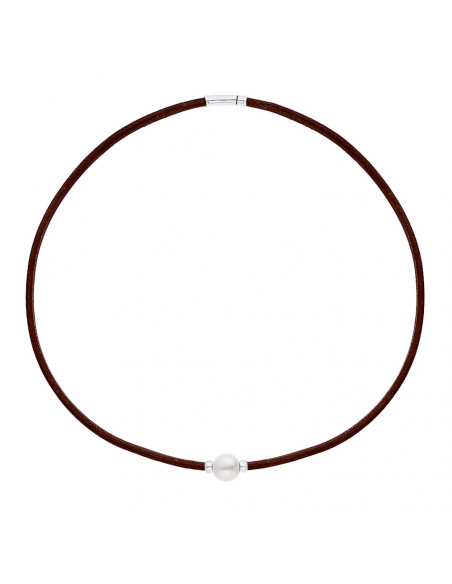 Collana in pelle marrone genuina perla e ciliegie d'argento