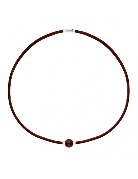 Collana in pelle marrone genuina perla e ciliegie d'argento