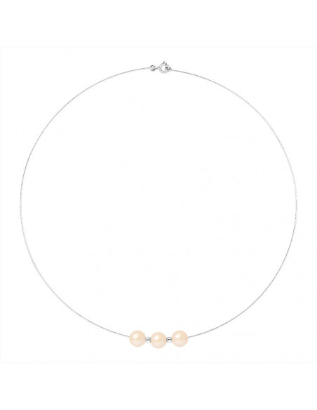 Collier Câble Or Blanc et 3 Véritables Perles Alternées Viroles Or