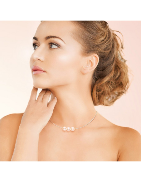 Collier Câble Or Blanc et 3 Véritables Perles Alternées Viroles Or