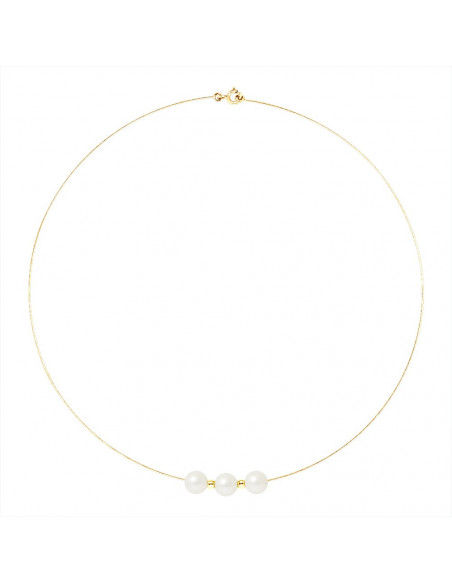 Collar de cables de oro blanco y 3 perlas alternas reales