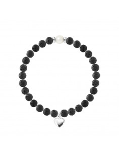 Bracelet Breloque Coeur - Perle de Culture et Pierre de Lave - Argent 925 - NADIA