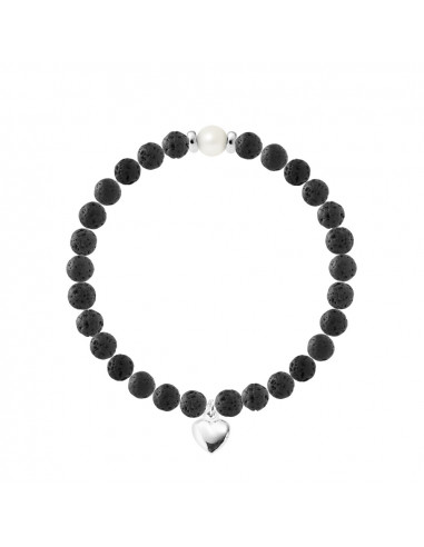 Heart Charm Bracelet - Culture Pearl and Lava Stone - Silver 925 - Nadia
