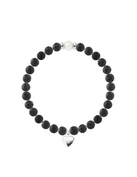 Heart Charm Bracelet - Culture Pearl and Lava Stone - Silver 925 - Nadia