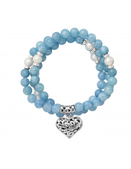 Bracelet Triple avec Breloque Coeur en Aigue Marine et Perles de Culture en Argent 925 - LIA