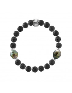 Bracelet Tikki et Perles de Tahiti Cerclées en Agate Noire Matte - Argent 925 - RAPANUI