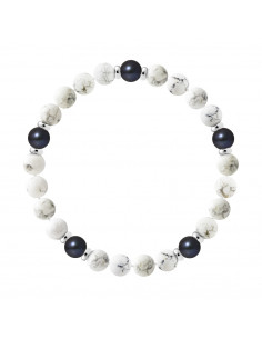 Bracelet 5 Perles de Culture Noires en Howlite Blanche - Argent 925 - FIVE