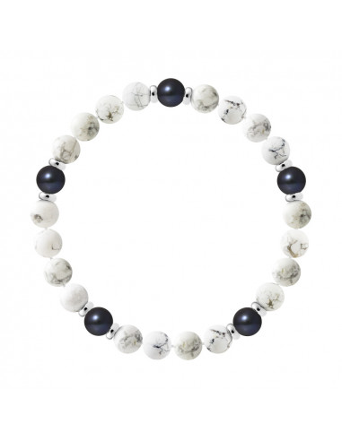 Bracelet 5 Black Culture Beads in White Howlite - Silver 925 - Five