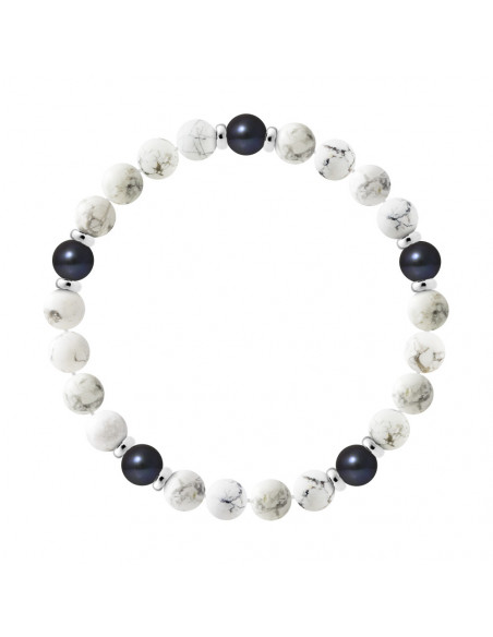 Bracelet 5 Black Culture Beads in White Howlite - Silver 925 - Five