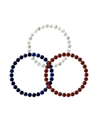 Conjunto de 3 pulsas prodigiosas Pulseras de halcón ojo - ágata roja - blanco howlite - ona
