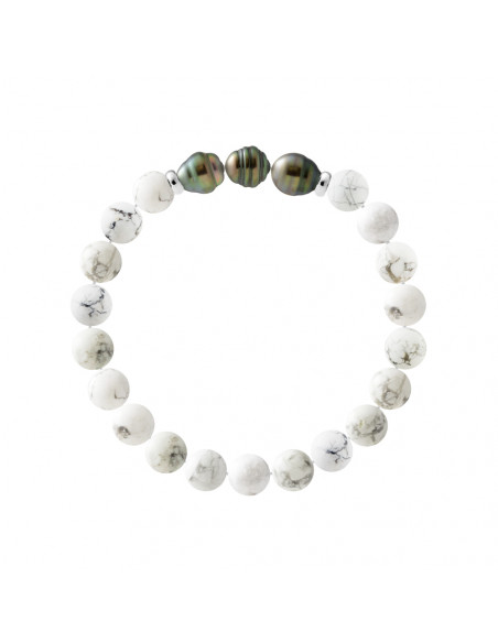 Armband 3 Tahiti-Perlen in weiß umkreist Howlite - Silber 925 - Taenga
