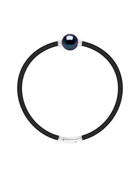 Bracciale in neoprene e vera perla tahitana cingrata in argento inciso