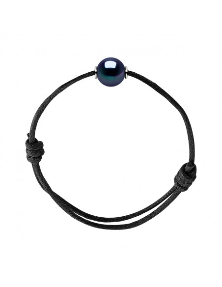 Solid silver sleeve bracelet and real black pearl black cord