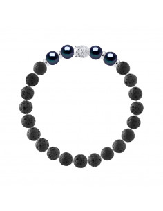 Bracelet Buddah Perle de Culture Noire en Pierre de Lave - Argent 925 - AMARU