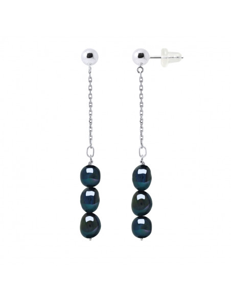 Boucles d'Oreilles Pendantes 3 Perles de Culture Baroques 6 mm en Argent 925 - ALBA
