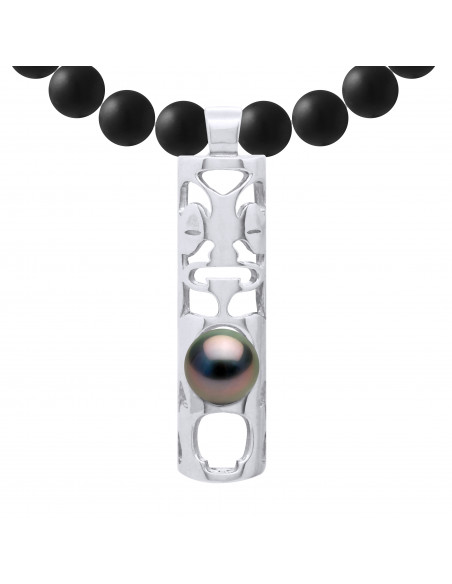 Collana Tikki Pearl Tahiti Round 8-9 mm in Agata nera opaca - Argento 925 - MOA