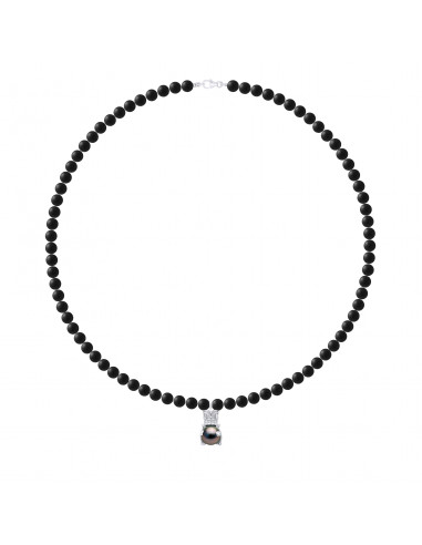 Tiki Pearl Halskette Tahiti Runde 9-10 mm in schwarzer Achat Matte - Silber 925 - NUI